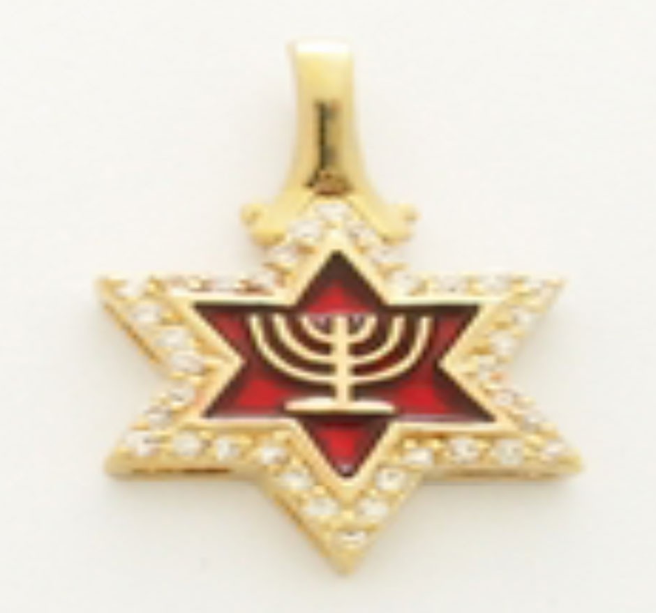Colgante Estrella Goldfield con zirconitas en el brode y menorah en el centro sobre fondo Rojo